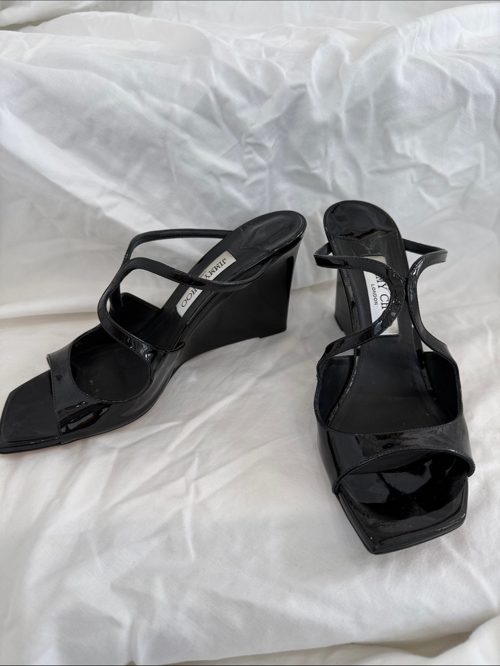 Jimmy Choo Black Patent Strappy Wedge Sandals